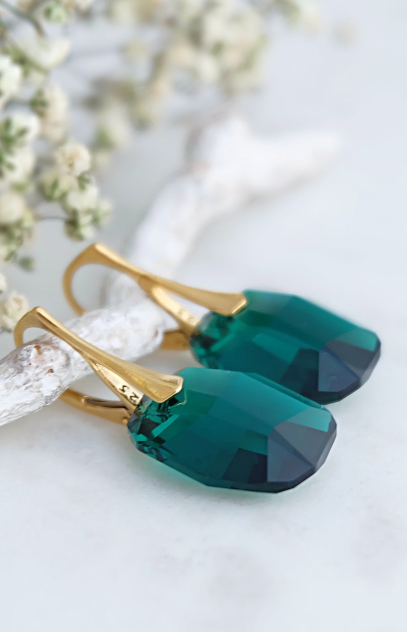 Emerald earrings, Green crystal earrings, Bridesmaid gift, Emerald gold earrings, Green bridesmaid earrings, Sterling Silver earrings image 7