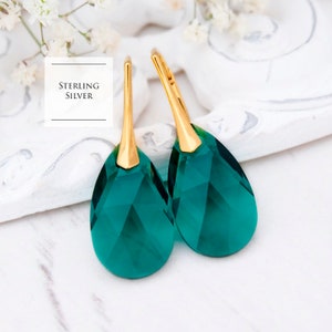 Emerald crystal earrings, Green teardrop crystal wedding earrings, Lever back bridesmaid earrings gift, Sterling Silver rose gold earrings 1