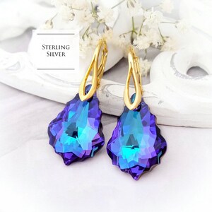 Purple blue crystal earrings, Vintage crystal wedding earrings, Peacock bridesmaid earrings gift Sterling Silver earrings gold earrings 7