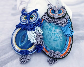 Owl soutache necklace, Funny owl pendant, Blue agate boho necklace, Animal large pendant, Beadwork gemstone owl pendant, Statement necklace