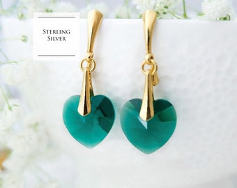 Emerald heart earrings, Crystal bridesmaid earrings gift, Green emerald jewellery set, Sterling Silver earrings, Heart jewellery