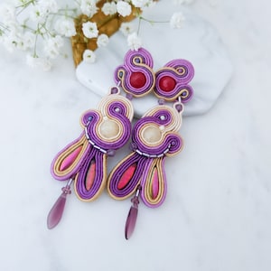 Purple pink soutache earrings, Long chandelier earrings, Large statement earrings, Pink boho earringsUnique jewellery, Beaded earrings