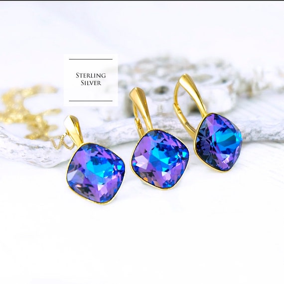 Purple Crystal Earrings Necklace Set Bridesmaids Gift Gold 
