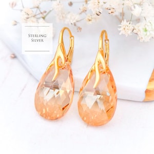 Champagne crystal bridal earrings, Teardrop crystal earrings, Bridesmaid earring gift, Champagne Sterling Silver rose gold earrings 5