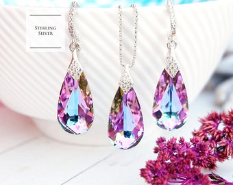 Lavender teal teardrop crystal earrings necklace set, Purple blue Sterling Silver bridal jewellery, Wedding bridesmaids earrings 2