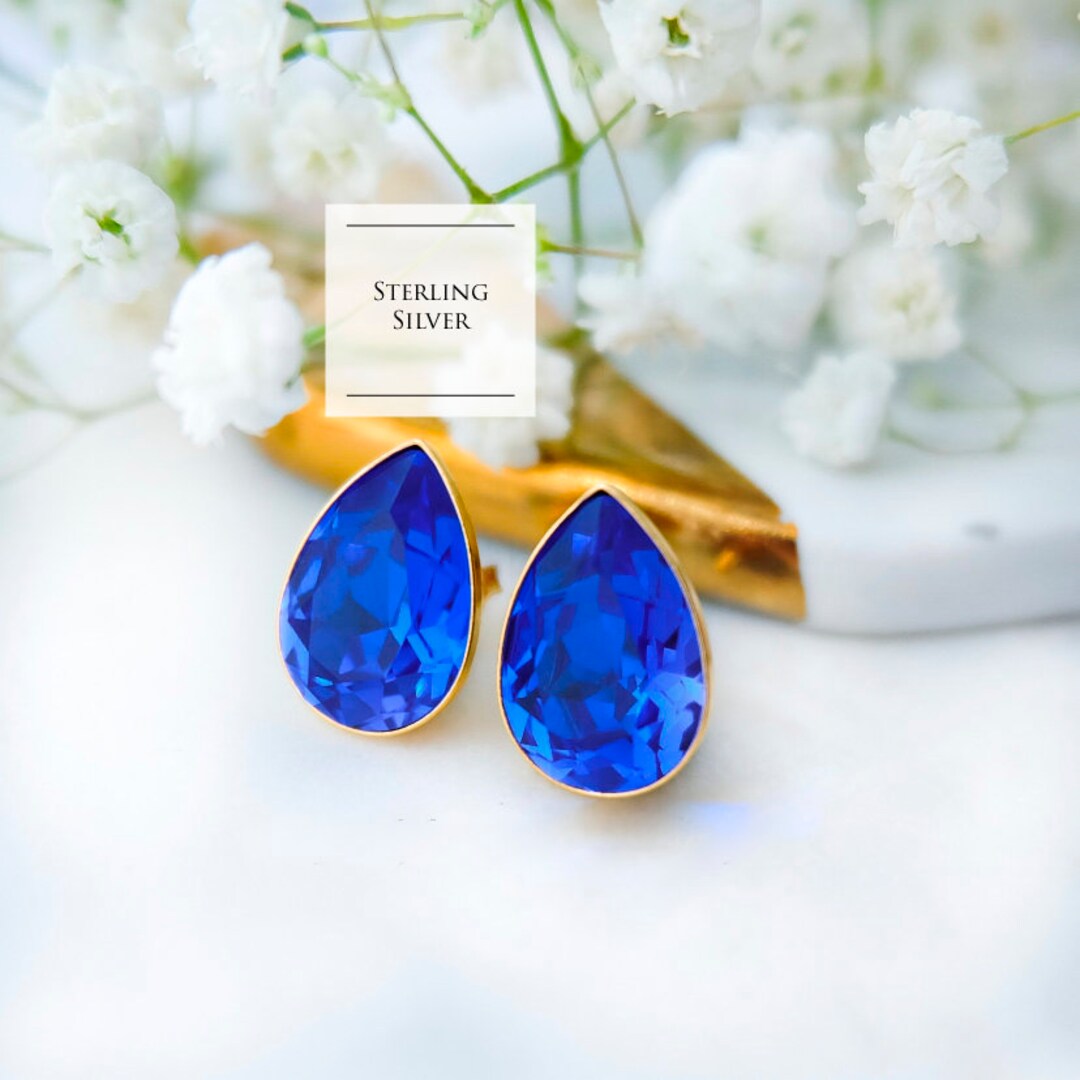 Royal Blue Stud Earrings Crystal Stud Earrings Teardrop Etsy