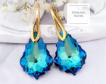 Turquoise crystal earrings, Vintage crystal wedding earrings, Blue bridesmaid earrings gift, Sterling Silver earrings Rose gold earrings 7