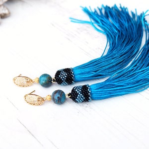 Extra long turquoise earrings Statement tassel earrings Hippie boho earrings Gold plated studs Ethnic gemstone earrings Long drop earrings image 3