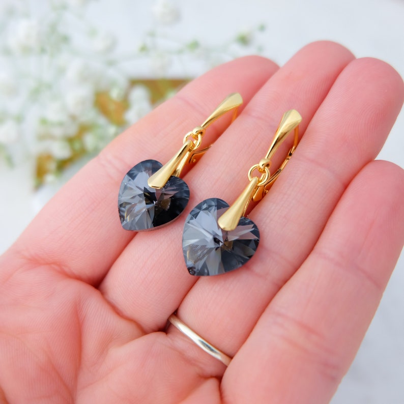 Black heart earrings, Dark grey bridesmaid earrings gift, Crystal heart jewellery set, Sterling Silver earrings, Gift for her image 5