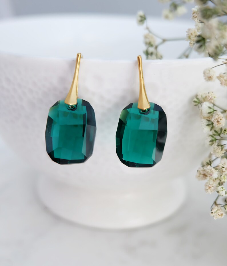 Emerald earrings, Green crystal earrings, Bridesmaid gift, Emerald gold earrings, Green bridesmaid earrings, Sterling Silver earrings image 2