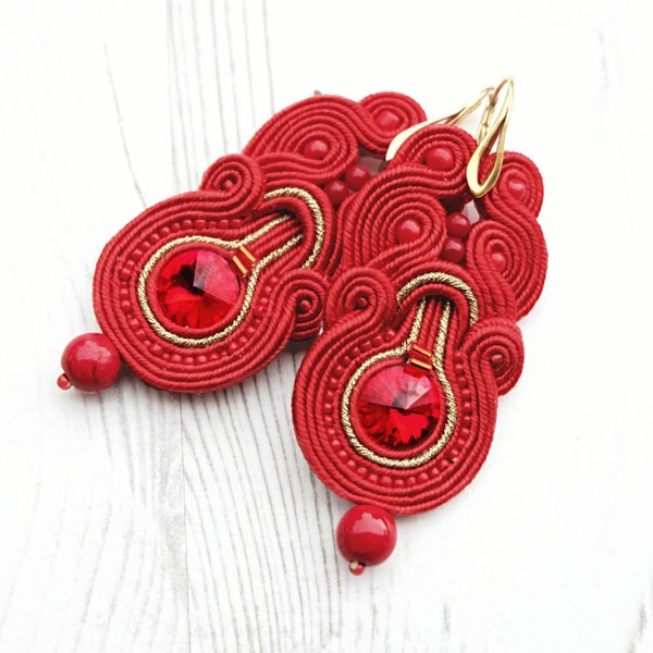 Red Soutache Earrings-Red Swarovski Earrings-Swarovski Jewelry-Statement Earrings-Party Evening Earrings-Elegant Earrings-Artisan Earrings