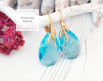 Aquamarine crystal earrings Sky blue bridal earrings Blue crystal teardrop earrings Rose gold aquamarine bridesmaid earrings 5