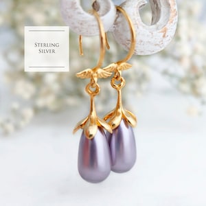 Mauve pearl earrings, Vintage earrings, Lavender bridesmaid earrings, Bridesmaid gift, Gift for her, Gold earrings, Sterling Silver earrings