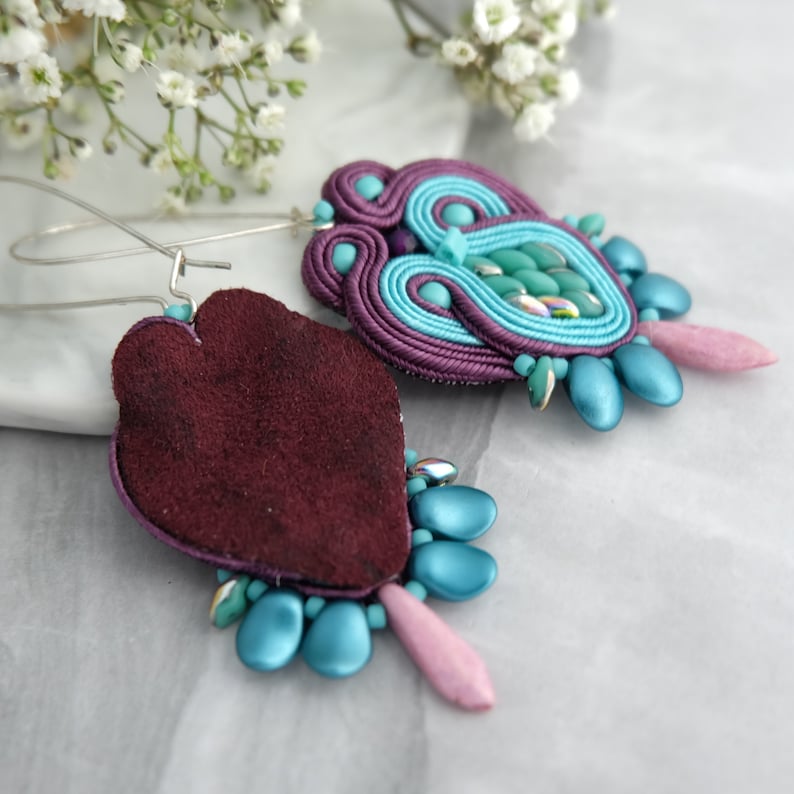 Purple turquoise soutache earrings Ethnic earrings Colourful statement earrings Unique jewelry Soutache jewelry Boho beadwork earrings