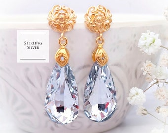 White bridal earrings crystal earrings Bridesmaid earrings Chandelier teardrop crystal earrings Filigree Sterling Silver gold earrings  4