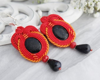 Red black soutache earrings Red boho earrings Large statement earrings Beadwork earrings Soutache jewellery Beaded earrings Elegant earrings