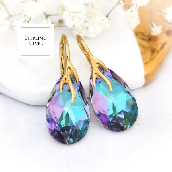 Purple bridal earrings, Lavender teal bridesmaid earrings, Rainbow crystal earrings, Teardrop crystal earrings Rose gold wedding 5
