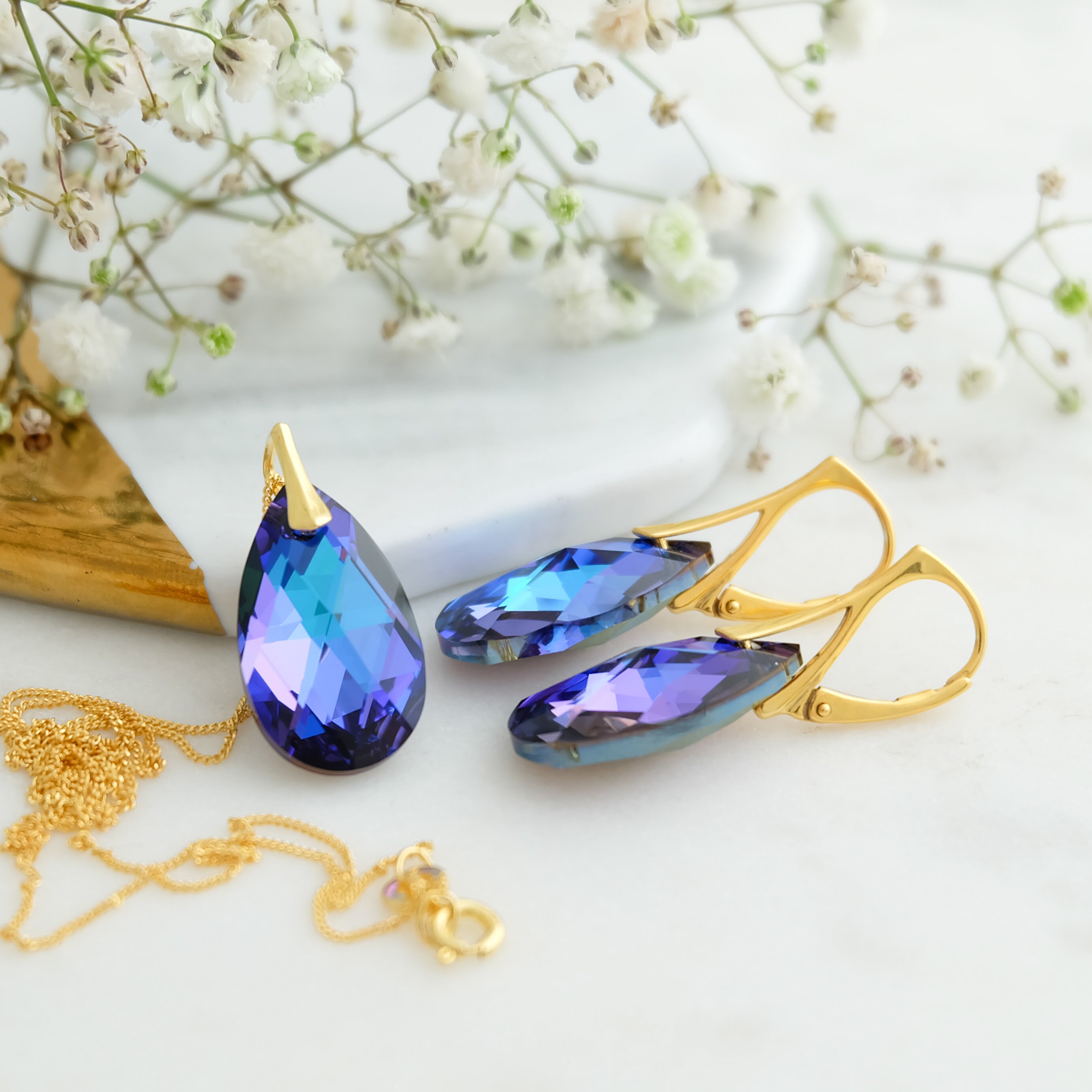 Peacock Crystal Earrings Necklace Set, Purple Wedding