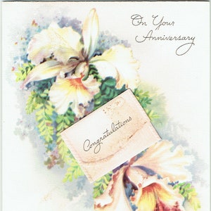 jaren 1940 ongebruikte Vintage verjaardag felicitaties kaart en envelop van "de klaver alledaagse assortiment"; Orchideeën en miniatuur kaart