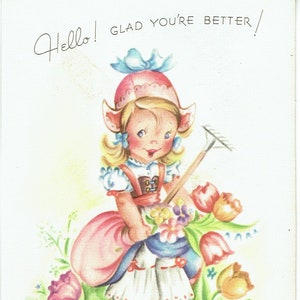 1940s Vintage No utilizado Obtener Bien Tarjeta y Sobre de "El Clover Get Well Assortment"; Chica Holandesa con Rastrillo y Tulipanes