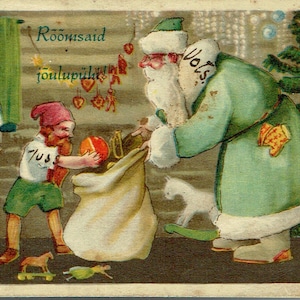 Postales navideñas de 1910: Traje Verde Santa, Rat Terrier, Staffordshire Terrier, Estonia, Bulldog, Jack Russell Terrier, Raphael Tuck & Sons