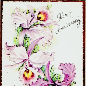 Tarjeta de felicitación vintage, aniversario de boda, orquídeas, 1950, en relieve, cuatro veces