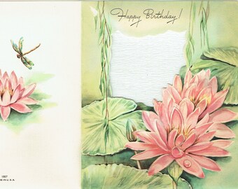 1940’s Unused Vintage Birthday Card and Envelope from "Bouquet Birthday Box”; Plastic Window with Water Lilies