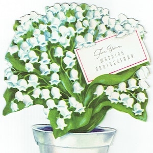Tarjeta de felicitación vintage, aniversario de boda, 1940, sin usar, tres lados, stand up, Potted Plant Bouquet