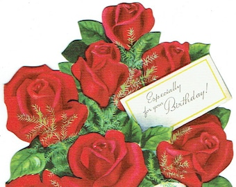 Tarjeta de felicitación vintage, cumpleaños, plegable con tres tarjetas, rosas rojas, años 40