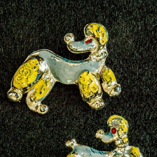 Two Poodle Brooch or Pin Vintage Costume Jewelry Gray and Yellow