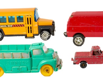 Lot of Tootsie Toy, Auburn Rubber, Buddy L, Tonka Trucks, Van, Bus, Fire Truck