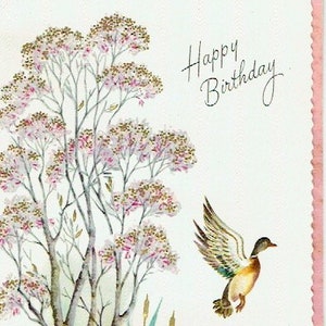 années 1960 inutilisé carte d’anniversaire vintage et enveloppe; "Éclat satiné"; Canard colvert sur Lily Pond