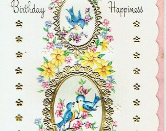 1960s Unused Vintage Birthday Card and Envelope; &quot;Satin Radiance&quot;; Bluebirds of Happiness