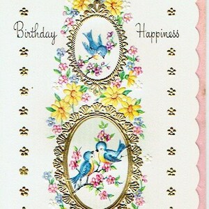 années 1960 inutilisé carte d’anniversaire vintage et enveloppe; "Éclat satiné"; Oiseaux bleus du bonheur