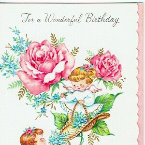 années 1960 inutilisé carte d’anniversaire vintage et enveloppe; "Éclat satiné"; Roses et Cupids