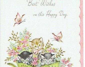 1960s Unused Vintage Birthday Card and Envelope; &quot;Satin Radiance&quot;; Kittens