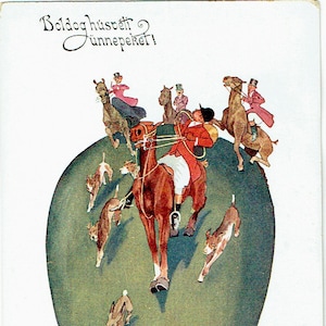 Lotto di 5 cartoline di Pasqua d'epoca; Cane da caccia, Foxhunt, pechinese, pulcino, retriever, bassotto, basso, coniglio