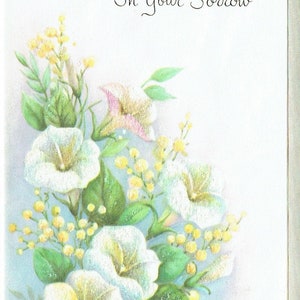 jaren 1950 ongebruikte Vintage religieuze sympathie kaart en envelop;  Fonkelingen en bloemen, Psalmen 27:14