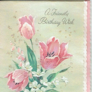 Cartão e envelope de aniversário em pergaminho vintage não utilizado dos anos 50; “Jóias de Pergaminho”; Flor Tulipa