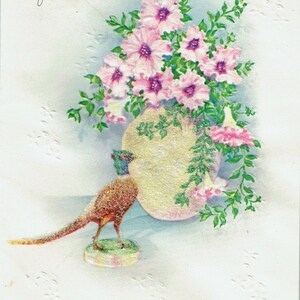 1940s vintage krijgen goed kaart met Fazant en vaas met bloemen, Sparkles