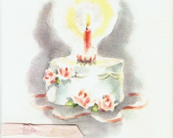 1950s Unused Vintage Birthday card and Envelope;  Candle with Real Ribbon