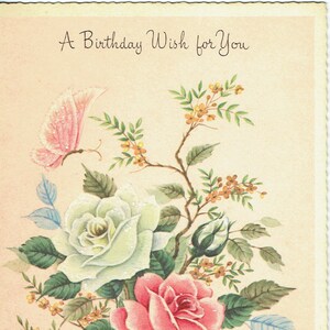 Cartão e envelope de aniversário vintage não utilizados dos anos 50; Buquê de rosas com brilhos