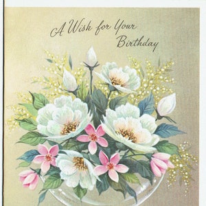 Cartão e envelope de aniversário vintage não utilizados dos anos 50; Flores em um copo