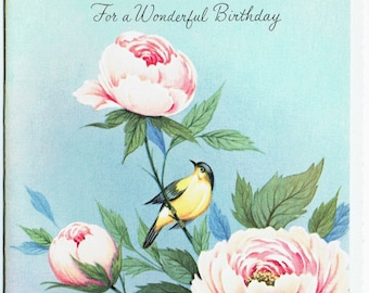 1950s Unused Vintage Birthday Card and Envelope; Goldfinch and flowers