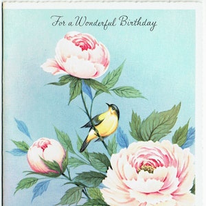 Cartão e envelope de aniversário vintage não utilizados dos anos 50; Pintassilgo e flores