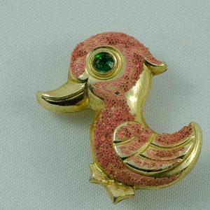 Vintage 1950s Pin Brooch Pink Flocked Gold Toned Metal with Green Rhinestone