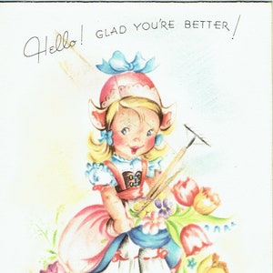 1940s Vintage No utilizado Get- Well Card y Sobre de "The Clover Everyday Assortment"; Dutch Girl Gardening Tulips