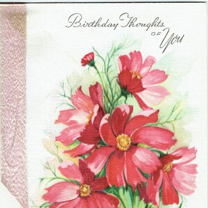 Geburtstagskarte und Umschlag; Echte Schleife und Mohnblumen, 40er Jahre Unbenutzt Vintage