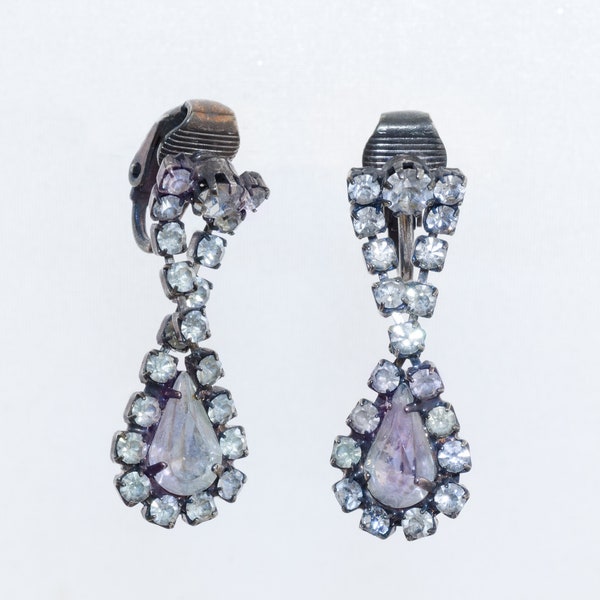 Vintage Earrings Stamped "S.P.B.C. LIND" for Lindberg Corporation, Wedding Rhinestone Teardrops Clip On