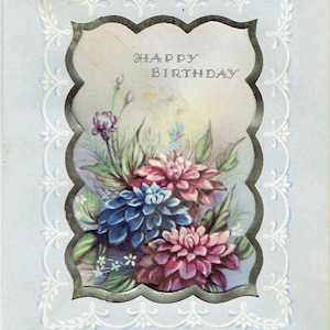 jaren 1940 ongebruikte Vintage verjaardag kaart en envelop van "de klaver alledaagse assortiment"; cut-out bloemen op zilver folie